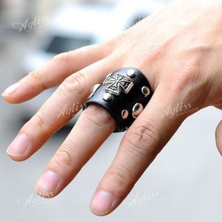 1pc Black Cowhide Leather Cross Adjustable Button Finger Ring Rock