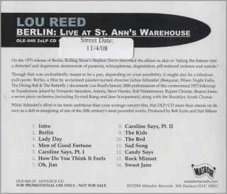 Cent CD Lou Reed Berlin Live at St Anns Promo Advance 2008
