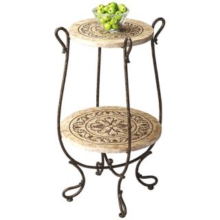 Metalwork and Fossil Stone Tiered Accent Table   #U7829