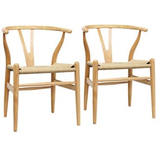 Set of 2 Wishbone Y Natural Wood Side Chairs   #W5906