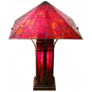 Mission Double Light Red and Yellow Tiffany Style Table Lamp   #M5813
