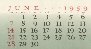 VINTAGE 1959 JUNE Pin up Calendar page 54th. BIRTHDAY PRESENT GOOD