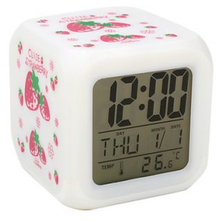 Strawberry Pattern Colorful LED Light Cubic Alarm Clock Calendar