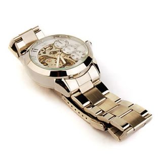 Stainless Steel Band Skeleton Mechanical Wristwatch with Luminous Hand