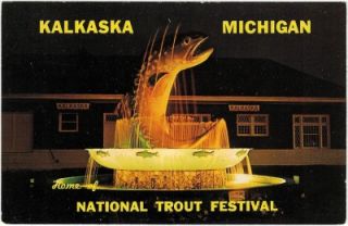 National Trout Memorial Fountain Kalkaska Michigan Postcard 205