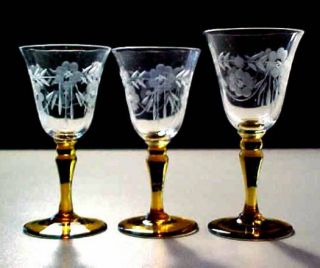 Cordial Glasses Clear Bowls w Cut Etched Flowers Amber Stems UNK236