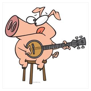 funny pig playing a banjo cartoon Wall Art Poster