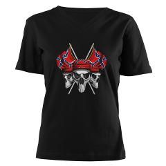 Rebel Skulls Confederate flag Womens V Neck Dark T Shirt