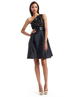 Theia One Shoulder Illusion Lace Belted Dress