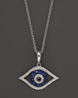 Diamond and Sapphire Evil Eye Pendant Necklace in 14K White Gold, 18