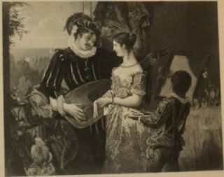 Antique Print A. Chaton The Balcony J.C. Edwards Man with Flute Woman