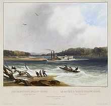 Painting of a steamboat stranded on a sandbar in the middle of a swift