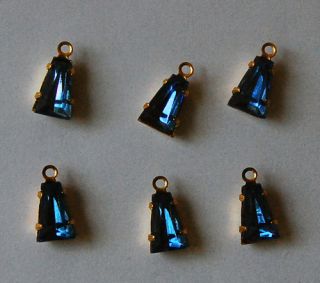 Vintage 6 Montana Blue Glass Keystone Shape Bead Pendant Drop 5x8mm
