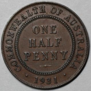 1931 Key Date Australia 1 2 Half Penny King George V