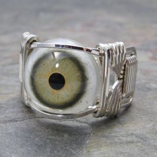 Green & Yellow Glass Eye Eyeball Sterling Silver Wire Wrapped Ring ANY