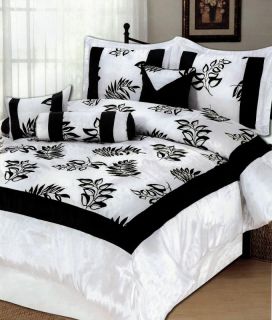 Black White Flocking Floral Satin Comforter Set King
