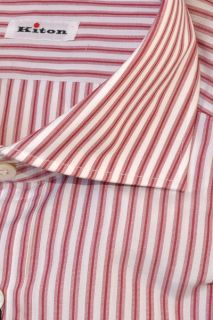 New KITON Napoli Shirt Burgundy White Stripes Cotton 41 16 French