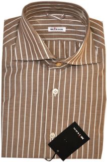 New KITON Napoli Authentic Men Shirt Brown White Stripes Cotton 41 16