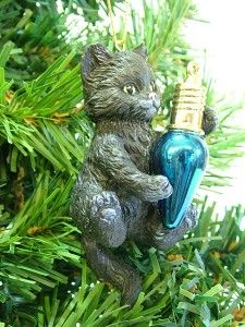 New Black Playful Kitten Cat Playing w/ Blue Lightbulb Christmas Tree