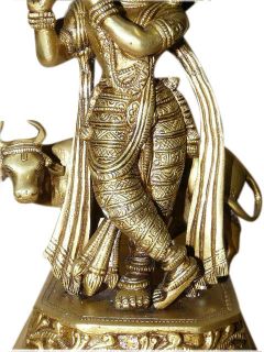 Beautiful Statue of Krishna Playing the Flute with Cow Religious and