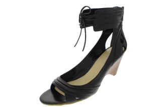 Enzo Angiolini New Jete Black Leather Pleate Lace Ankle Strap Heels