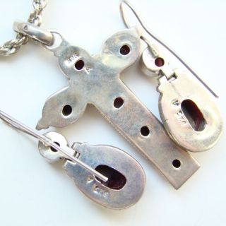 Silver Garnet Pendant Necklace Pierced Earrings Krementz Chain