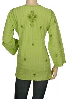 Handmade Green Indian Womens Embroidered Top Tunic Kurta Kurti Cotton