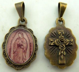 Antique Our Lady of Guadalupe Bronze Medal Cross Petite