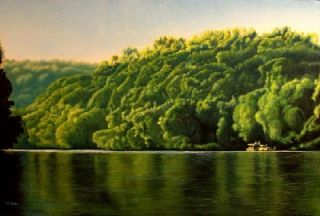 House boat on lake oil painting