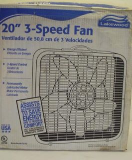 Lakewood 20 Box Fan 3 Speed Low Medium High Settings Cooling Unit