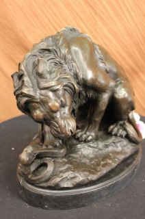 Art Deco Bronze Lion Kills Snake Statue Sculpture Barye Marble