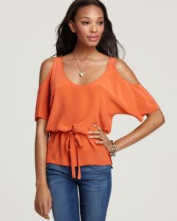 Laugh Cry Repeat New Orange Silk Short Sleeve Open Shoulder Blouse Top
