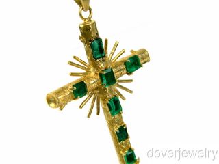 Estate 5 50ct Green Emerald 18K Gold Large Cross Pendant