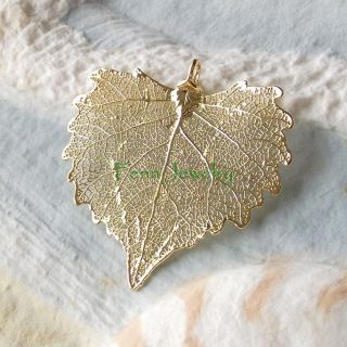 Real Cottonwood Leaf Pendant Necklace 24K Gold Sterling Silver Dipped