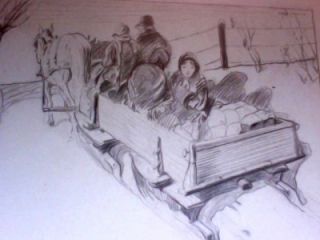 Leal Mack Original Charcoal Drawing Family Sleigh Ride