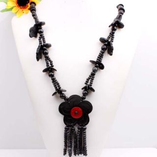 Black Coconut Shell Wooden Leaf Flower Pendant Necklace