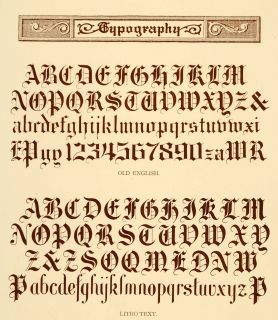 1913 Lithograph Typography Alphabet Old English Font Original