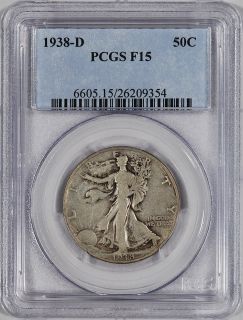 1938 D US Walking Liberty Silver Half Dollar 50c PCGS F15