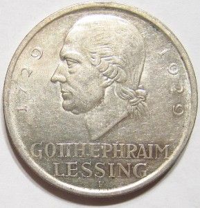 1929 F Silver Lessing 5 Reichsmark Only 16K Mntd 1 yr Pre WWII Weimar