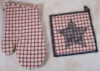 Plaid Navy Stenciled Star Liberty Quilted Oven Mitt Potholder