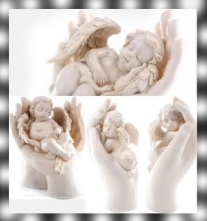 Cherub Angel Sleeping in Hands Figurine Statue Wings OM