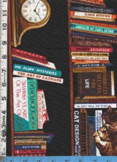 Fabric Timeless Cats Library Books Shelves Stripe Blk