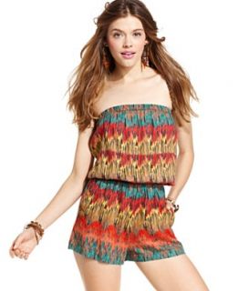 Angie Juniors Romper, Strapless Tribal Print Blouson