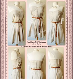 Sweetheart Pleated Button Accent Linen Blend Strapless Dress with BELT