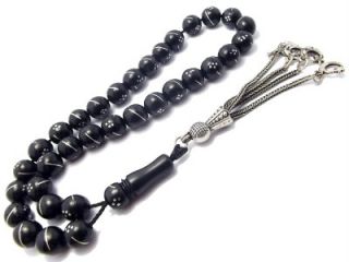 Silver Inlay Black Amber Oltu Jet Prayer Beads Tasbih Komboloi Rosary