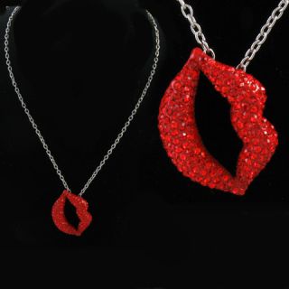 Beautiful Sexy Ruby Red Crystals Lips Pendant Necklace