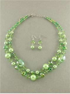 Chunky Light Lime Green Pearl Glass Silver Bead Rhodium Necklace