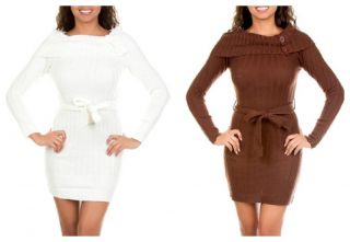 Womens White Brown Fashion Off Shoulder Belted Knit Tunic Sweater