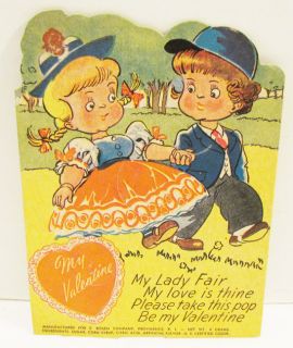 ROSEN VALENTINE LOLLIPOP HOLDER CARD 1940s MY LADY FAIR BOY & GIRL