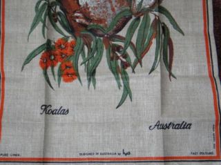 Sweet Vtg Linen Tea Towel Unused Lone Pine Sanctuary Austrailia Koalas